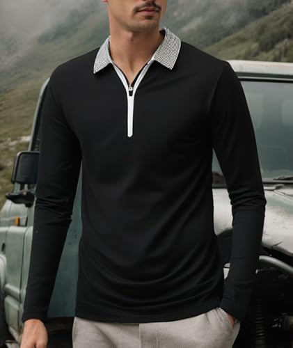 1/4 Zipper Polo Shirts Men Long Sleeve Golf Shirt Collared Tennis Shirt