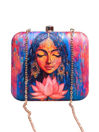 Image of Artklim Printed Box Clutch for Girls - Cross Body Purse with Detachable Golden Chain Strap