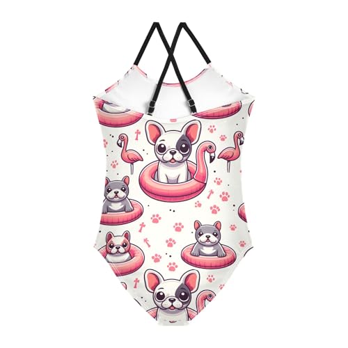 Girls Swimsuit Pattern of French Bulldog Flamingo Swimming Ring One Piece Swimwear2