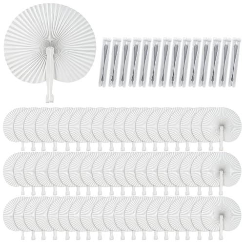 TEYIAN 72Pcs Folding Paper Fans White Round Folding Fan Chinese Handheld Fans for DIY Summer Wedding Decorations Party Favour