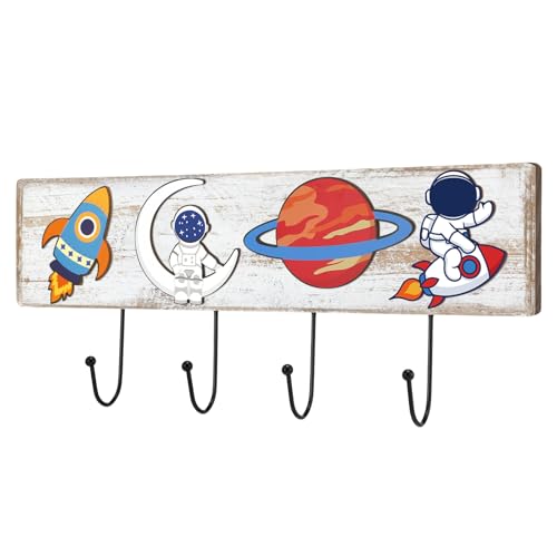 Fiwochic Space Themed Wooden Coat Rack with 4 Hooks, Rocket