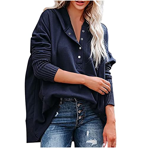 Amikadom Moletom feminino com capuz azul royal com capuz manga longa Henley decote profundo ajuste r