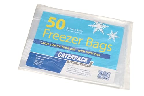Caterpack Freezer Bags Pack of 50 Large Freezer Bags for Food Storage With Twist Ties Bag Dimensions 32cm x 23cm.