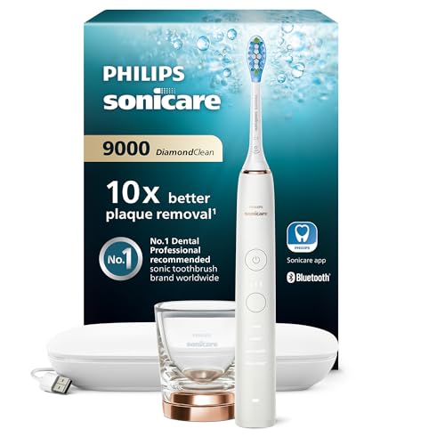 Philips Sonicare DiamondClean 9000 spazzolino elettrico con app, sensore di pressione, 4 modalità, 3 livelli di intensità, bicchiere di ricarica e custodia da viaggio, porta USB, Oro rosa, HX9911/94