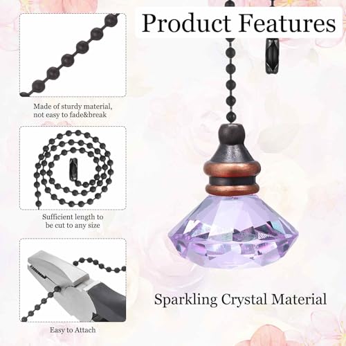Image of MECCANIXITY 4Pack Ceiling Fan Pull Chain, 12 Inch Decorative Ornaments Diamond Pendant Pull Chain Extension for Ceiling Fans Light Lamp, Purple
