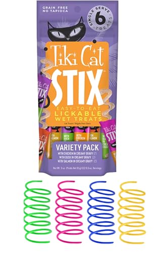 Tiki Cat Stix Lickable Wet Cat Treat - Grain Free, 6 Ct (3 oz, Variety) with 4 Cat Spring Toys
