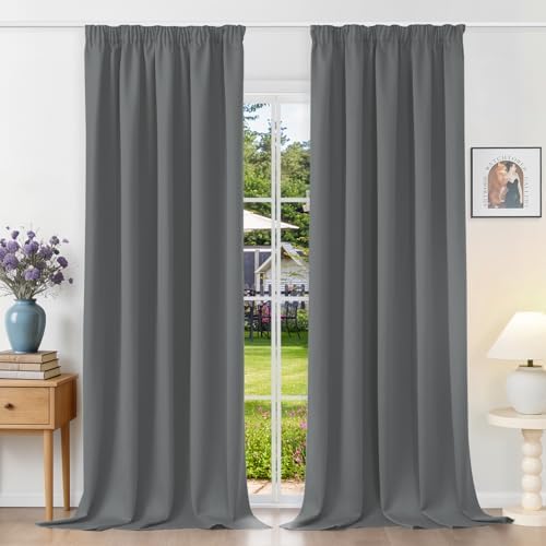 Runyéla Vorhänge Blickdicht mit Kräuselband Thermovorhänge Kälteschutz | 280Hx140Bcm,Hellgrau,2er Set,Verdunkelungsvorhänge für Schienensystem,Gardinen für Wohnzimmer,Blackout Curt