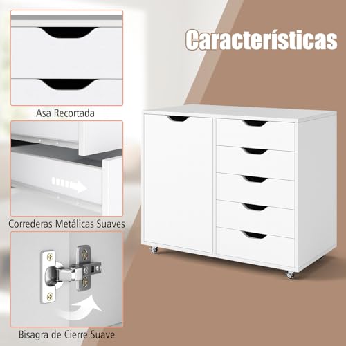 COSTWAY Cajonera para Armario, Cómoda Móvil de 5 Cajones con Estante Ajustable, Soporte para Impresora con 5 Ruedas para Casa, Cómoda de Almacenamiento Vertical de Madera (Blanco) - imagen 4