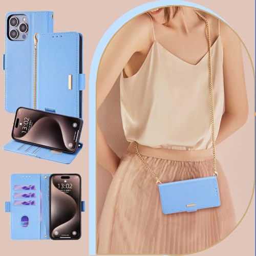 Étui iPhone 15 Pro bleu portefeuille à rabat cuir uni avec sangle en chaîne