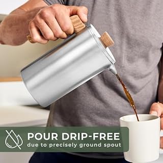 WALDWERK French Press (34 oz) - Non-Toxic Stainless Steel Double Wall French Press Coffee Maker - Plastic Free Coffee Press with Oak Wood Handle - Insulated Stainless Steel Coffee Maker - No Plastic