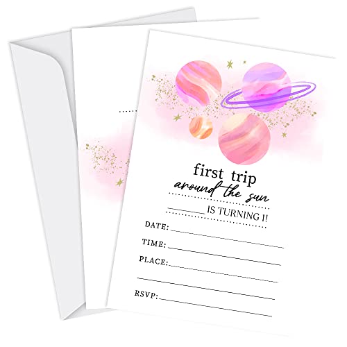 Tuyashua Pink Gold Galaxy 1st Birthday Party Invitations, First Trip Around The Sun Invitations, Galaxy Party Supplies for Boys Girls, Birthday Party Decorations, 20 Cards with Envelopes - I23