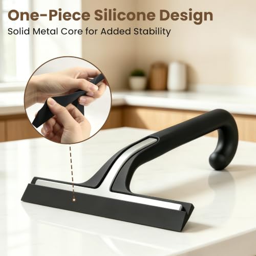 Image of 10 Inch Silicone Shower Squeegee for Glass Doors, Streak-Free, Black | No-Squeak Silicone Blade, Ergonomic Round Grip and Built-In Hook for Quick Daily Cleaning of Shower Glass, Tile and Windows