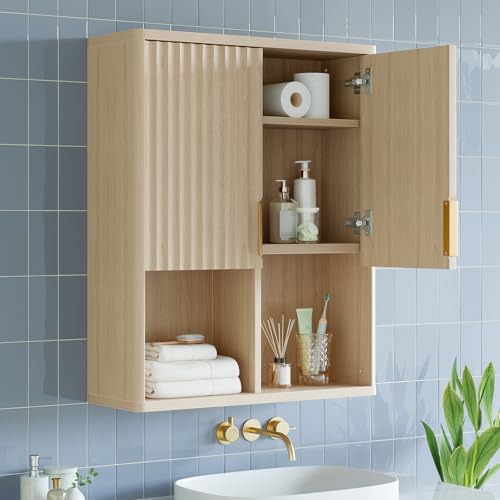 Besiter Fluted Bathroom Wall Cabinet Over The Toilet Storage, 23"x 29" Medicine Cabinet with Adjustable Shelf, Laundry Cabinet Wall Mounted and Kitchen Storage Cabinet(Natural Oak)