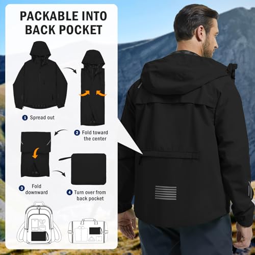FemiChic Regenjacke Herren Wasserdicht Atmungsaktiv Outdoor Fahrrad Dünne Ultraleichte Wanderjacke für Rain Camping Sommer Leichte Jacke(Schwarz,XL)