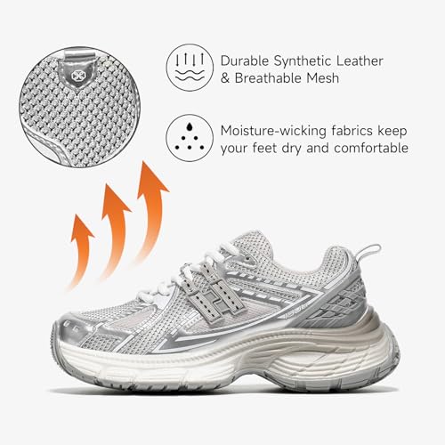 Image of BEAU TODAY Chunky Sneakers for Women, Womens Fashion Sneakers, Lightweight Leather Sneakers for Women, Comfortable Casual Lace-Up Breathable Dad Shoes