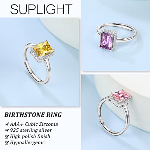 Suplight 925 Sterling Silver Round Shape/Heart/Square/Pear Shape Birthstone Ring, Sparkling Solitaire Engagement Wedding Rings for Women (with Gift Box)3