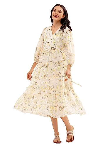 Image of AASK Abstract Printed Puff Sleeve Gathered Detailed Fit Flare Dress