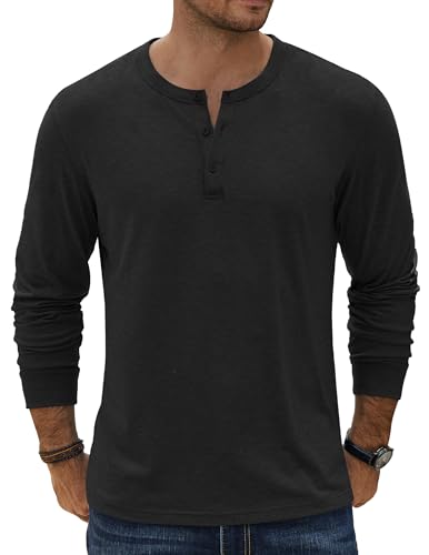 COOFANDY Men's Henley Shirts Long Sleeve Casual Basic Solid Tees Soft Stretch Lightweight T-Shirt Fall Fashion Henley Top Black