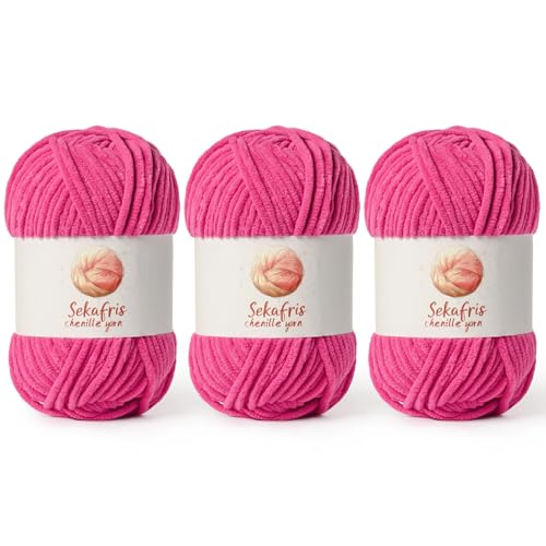 Image of Chenille Yarn for Crocheting, Size 5 Bulky,3 Rose | 300g /393yds Soft Chunky Velvet Yarn for Crochet and Knitting,Fluffy Baby Yarn for Amigurumi,Blankets and DIY Crafts.