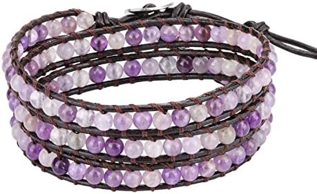 Emibele Amethyst Bracelet for Women Girls, Bohemian Style Layered Leather Wrap Bracelet, Handmade Gemstone Beaded Crystal Healing Bracelets Jewerly Gift for Mothers Day, Purple