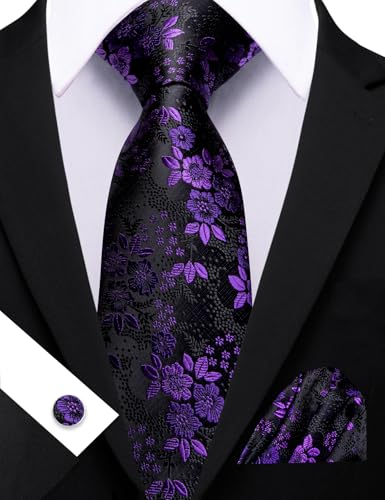Image of Barry.Wang Flower Ties for Men Silk Woven Floral Tie Sets Necktie Handkerchief Cufflinks Wedding Party
