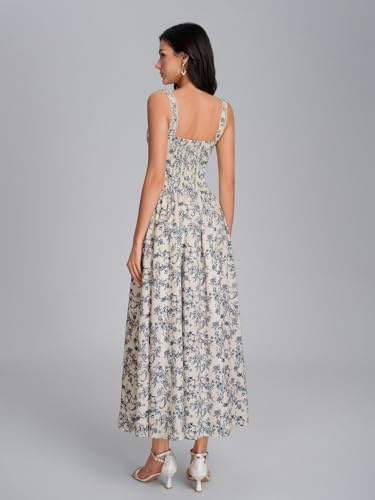 Image of KUTUMAI Women Summer Corset Midi Floral Wedding Guest Dresses with Pockets | Lace Neck, Smocked Back, Flowy A Line Sundress for 2026 Engagement Photoshoot Bridal Shower Garden Party