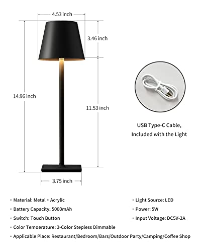 Kdg 2 Pack Cordless Table Lamp,Portable Led Desk Lamp, 5000Mah Battery Operated, 3 Color Stepless Dimming Up, For Restaurant/Bedroom/Bars/Outdoor Party/Camping/Coffee Shop Night Light(Black) #TOP4