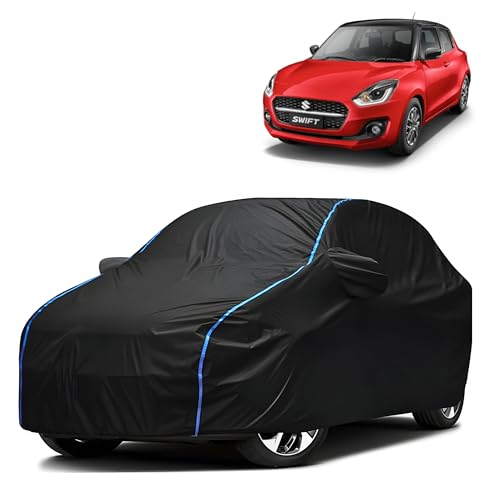 Image of Kerwa Car Body Cover Waterproof with Maruti Swift, Dust & UV Resistant All-Weather Proof Full Body Cover, Black with Blue Lining, Triple Stitch Elasticated Bottom with Mirror Pocket