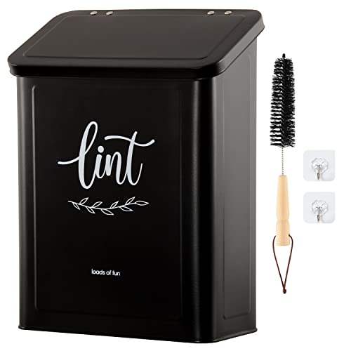 Perfnique Magnetic Lint Bin for Laundry Room with Lint Brush, Wall Mounted Lint Holder Trash can with lid for Dryer, Modern Farmhouse Rustic Metal Laundry Room Storage Organization and Decor(Black)