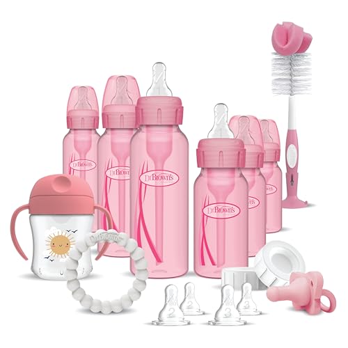 Image of Dr. Brown's Anti-Colic Options+ Special Edition Pink Baby Bottle Gift Set with Sippy Spout Cup, Happy Paci Pacifier, Teether, Bottle Brush and Travel Caps (Pacifier/Teether Style May Vary)