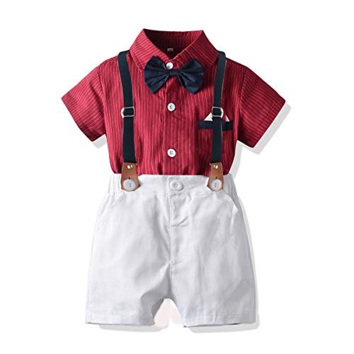 Baby Boys Gentleman Outfits Suits, Infant Short Sleeve Shirt+Pants+Tie Clothes Set for Wedding and Party,2-3Y Red