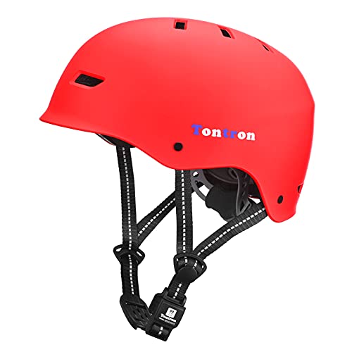 Tontron Skateboard Helmet with Magnetic Buckle (Matte Red, Medium)