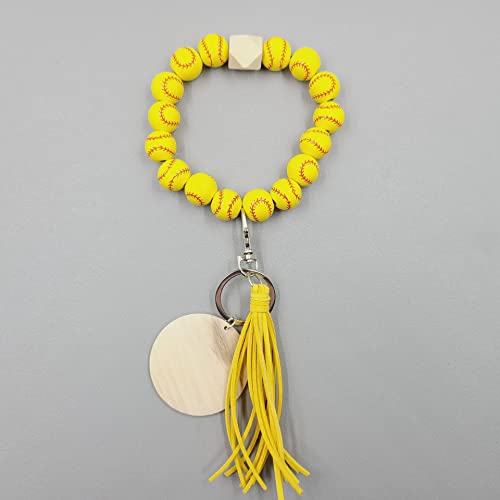Fuqimanman2020 Wooden Bead Sports Charm Wristlet Keychain Softball Baseball Basketball Football Wood Tassel Key Ring Fans Gift for Women-Softball - Thumbnail 3