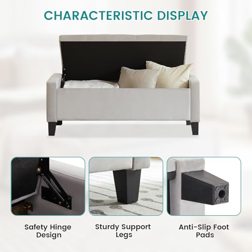 Image of Virabit Velvet Storage Ottoman Bench for Bedroom, End of Bed Bench with Button, Organizer Storage Chest, Upholstered Foot Rest with Legs, Load up to 400 lb, for Bedroom, Living Room, Entryway, Grey