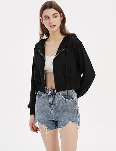 Image of Casual Wear Solid Crop Zipper Jacket Hooded Neck Full Sleeves with Kangaroo Pocket Hoodie for Women
