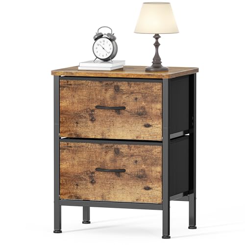 Image of HOMIDEC Bedside Table, Bedroom Bedside Cabinet, Storage Nightstand Side Table with Metal Frame and 2 Large Capacity Fabric Drawers for Bedroom, Living Room, Rustic Brown