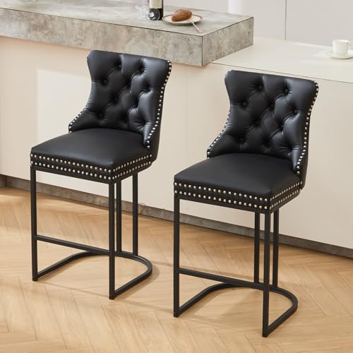 Image of UVV Counter Height Bar Stools Set of 2, 26 inch Modern Barstools with Back, Faux Leather Upholstery Counter Chairs with Metal Legs for Kitchen Island, Bar, Counter, Black