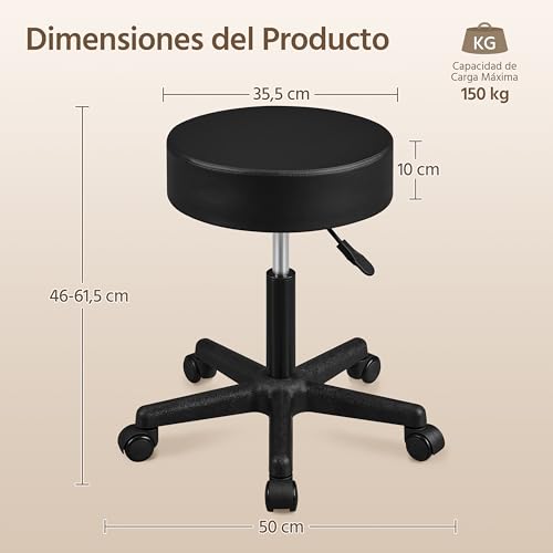 Miniatura 3 de Yaheetech Taburete Giratorio Sobre Ruedas, Taburete Rodante Regulable, 46-61.5 Cm,Asiento Tapizado De Polipiel Sintético,Para Hogar Oficina,Estudio,Tatuajes Salón,Masajes Centro,Belleza,Negro