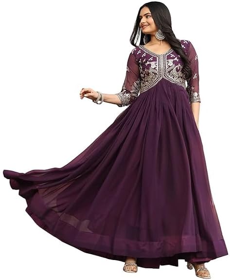 Women’s Georgette Embroidered Anarkali Gown – Elegant Ethnic Long Dress with Sheer Sleeves, Traditional Indian Festive Party
