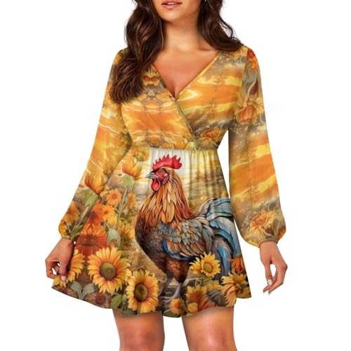 HELLHERO Chicken Rooster Dress for Womens Summer Dresses Long Sleeve Short Dress Flowy A-Line Mini Dress Flared Skater Skirt Fall Outfit Beach Country Concert Holiday Party XL
