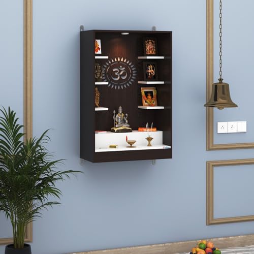 Image of Anikaa Niketana Wooden Wall Mount Mandir for Home | Pooja Temple with LED Light, Om Back Panel & 6 Shelves | Hindu Wooden Temple for Home & Office Decoration | Wenge /White (DIY), Size(32x20x8 Inches)