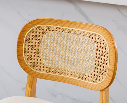 EALSON Counter Height Bar Stools Set of 4 Rattan Back Farmhouse Barstools Mid Century Modern Bar Chairs with Natural Wood Legs Comfortable Leather Upholstered Kitchen Island Chairs, White