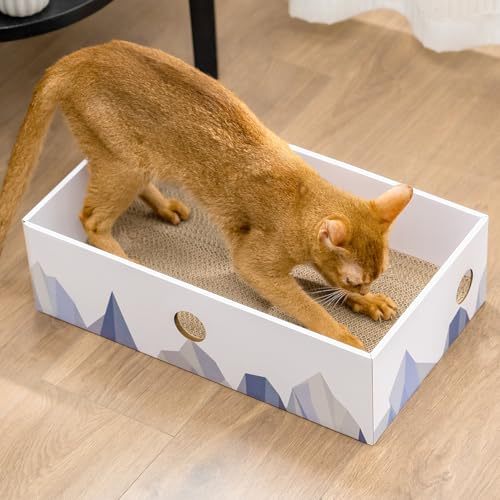 Conlun Katzen Kratzbrett mit Box, Großes Kratzmöbel, Beidseitige Kratzpappe für Katzen, Interaktive Öffnungen, Kratzbett für Wohnungskatzen, mit...