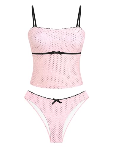 ZAFUL Tankini Swimsuits for Women Bow Bandeau Bathing Suits Tummy Control High Cut Two Piece Bikini Sets (Polka dots-Pink, M)