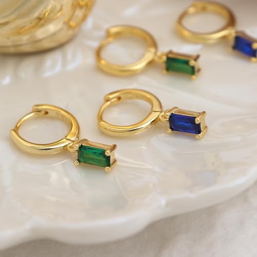 Small Gold Silver Hoop Earrings for Women, Dainty Square Rhinestone Lightweight Rectangle Multicolor Crystal Birthstone Dangling Huggie Earing Prom Jewelry Gift 7