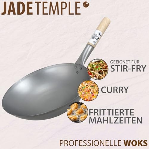 Foto von JADE TEMPLE Wok aus Carbonstahl mit 30 cm Durchmesser, mit rundem Holzgriff, Grau