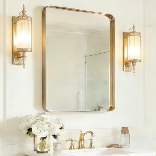 Image of USHOWER Gold Bathroom Mirror 22 inchx30 inch, Brushed Champagne Gold Rectangle Mirror for Over Sink, Aluminum Frame, Anti-Rust, Tempered Glass, Horizontal or Vertical Mounted