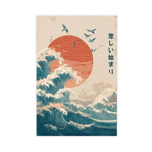 Toile soleil levant et vagues décoration murale premium pour bureau