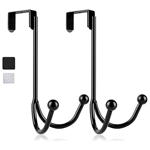 HFHOME 2Packs Over The Door Double Hanger Hooks, Metal Twin Hooks Organizer for Hanging Coats, Hats, Robes, Towels- Black Cover