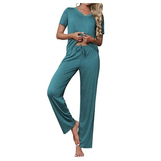 Ekouaer Conjunto de pijama feminino, macio, 2 peças, gola V, roupa de dormir, manga curta, calça com bolsos, Azul, verde, M